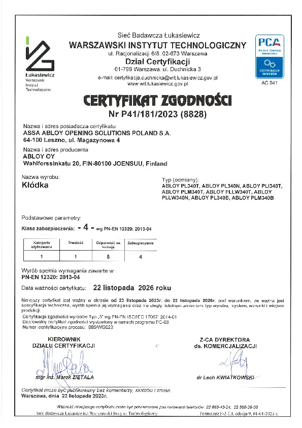 ABLOY Cert 2023 PL340T, PL340N, PLI340T, PLM340T, PLLW340T, PLLW340N, PL340B, PLM340B PL